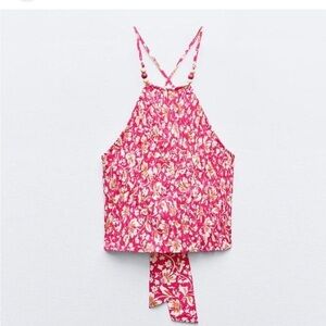 4/$20 Zara Floral Pink Halter Crop Top Stretch elastic smocking wrap in L- NWT